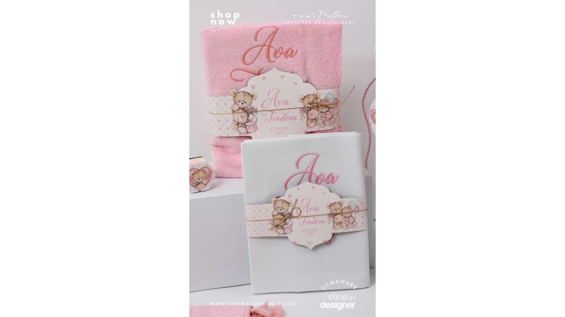 Trusou de botez cu ursuleti roz si inimioare Teddy Bear Pink Hearts 3